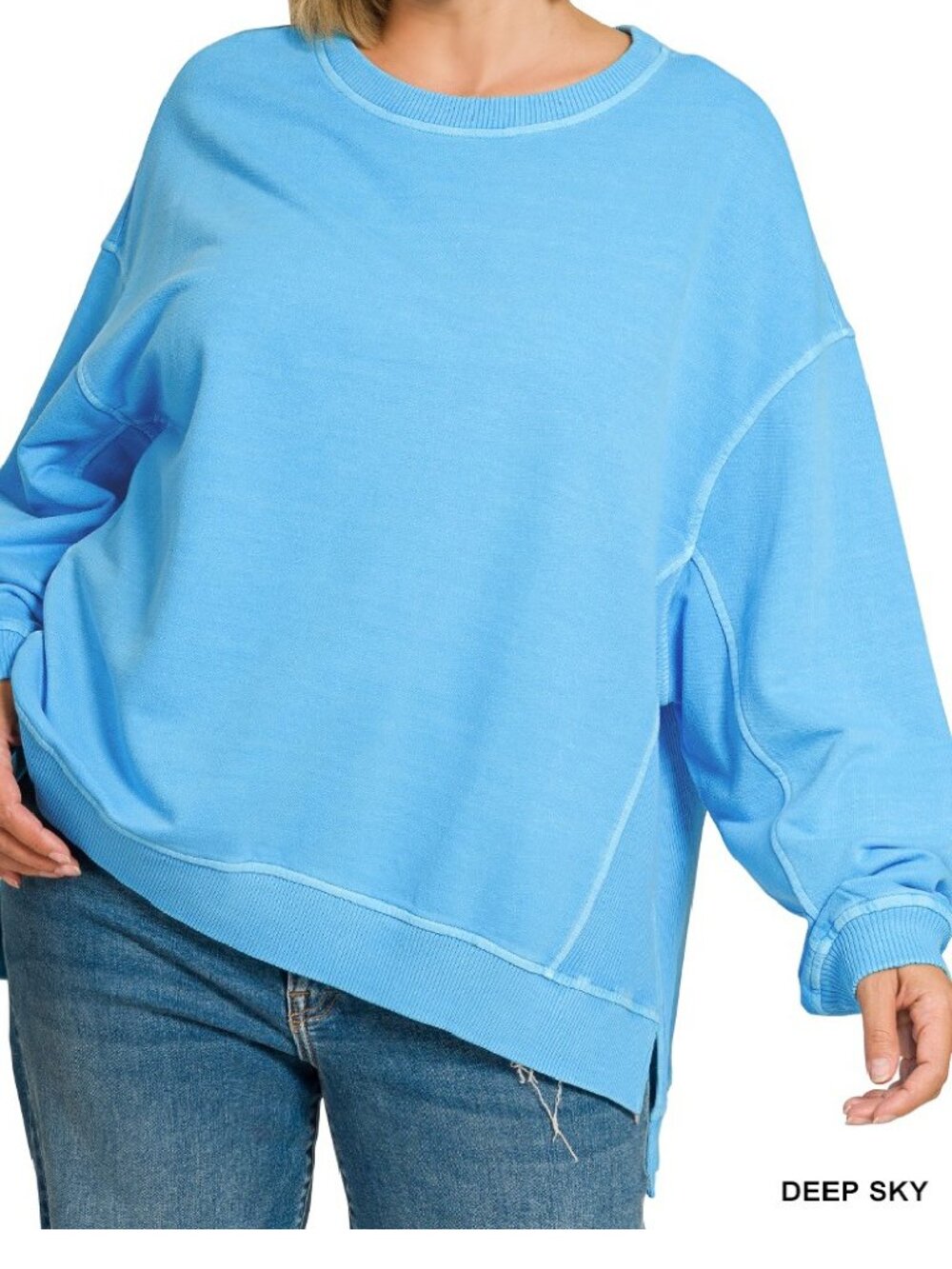 NWT-Women's Plus Size French Terry Pigment Dye Hi-Lo Cotton Pullover, Deep Sky